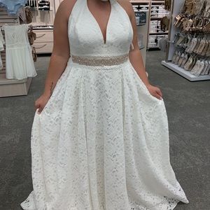 Plunging Lace Halter Ball Gown Wedding Dress